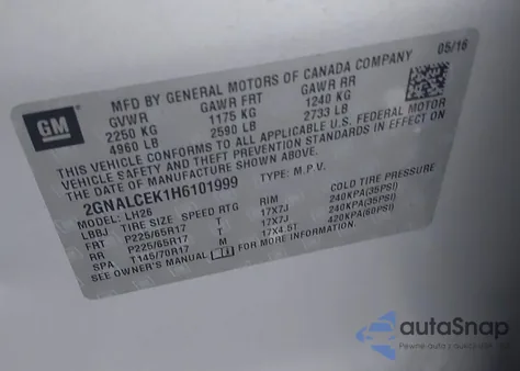 2017 Chevrolet Equinox Lt from USA, damaged, VIN 2GNALCEK1H6101999
